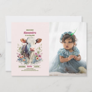 Holy Cow I'm One Cow Girl 1st Birthday Photo Invitation