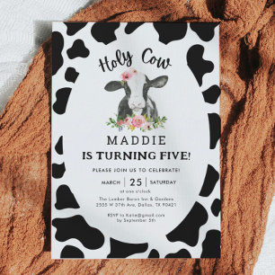 Holy Cow I'm One Cow Girl 5th Birthday Invitation