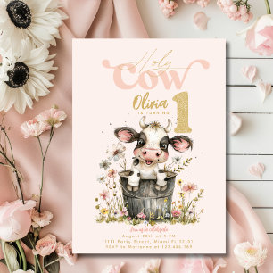 Holy Cow I'm One Cow Girl Pink First 1st Birthday Invitation