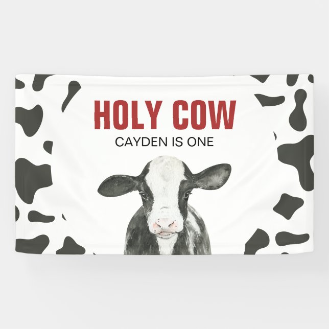 Holy Cow I'm One Cow Print Birthday Banner (Horizontal)