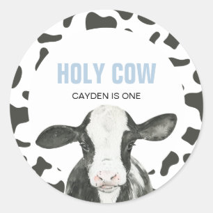 Holy Cow I'm One Cow Print birthday Classic Round  Classic Round Sticker