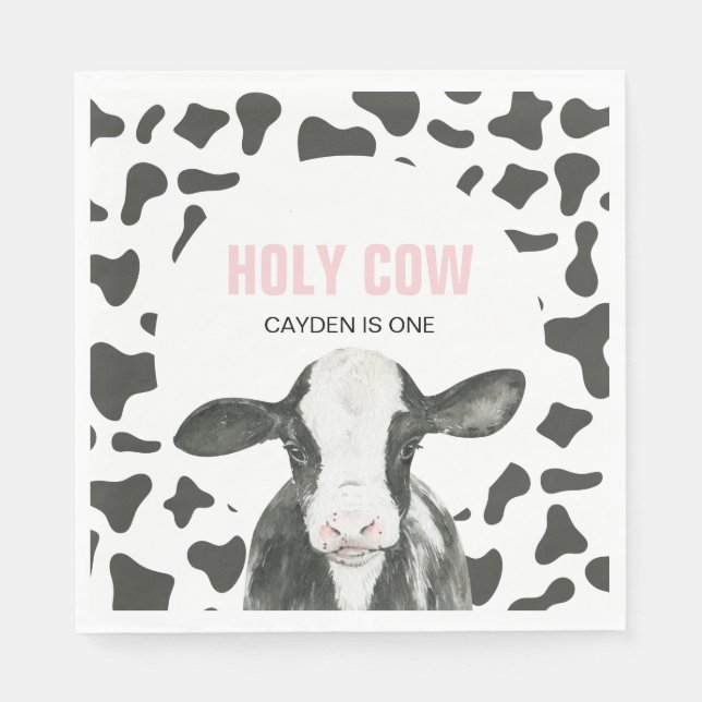 Holy Cow I'm One Cow Print birthday Napkin (Front)