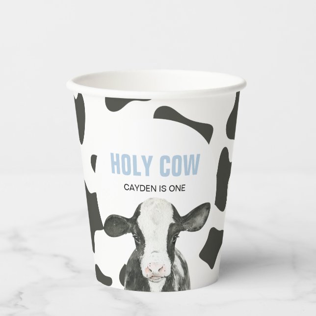 Holy Cow I'm One Cow Print birthday Paper Cups (Front)