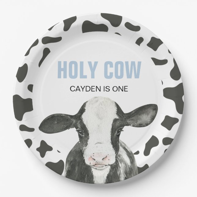 Holy Cow I'm One Cow Print birthday Paper Plates (Front)