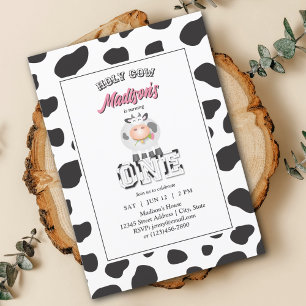 Holy Cow I'm One Cow Print Farm Birthday Photo Invitation