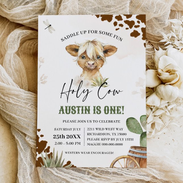 Holy Cow I'm One Cowboy Highland Cow Birthday Invitation (Creator Uploaded)