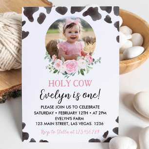 Holy Cow I'm One Floral Farm Birthday Invitation