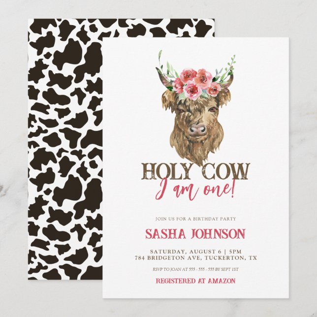Holy Cow I'm One Floral Girl Birthday Invitation (Front/Back)