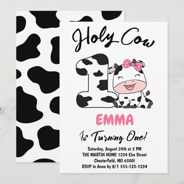 Holy Cow I'm One Girl 1st Birthday Party Invitation (Front/Back)