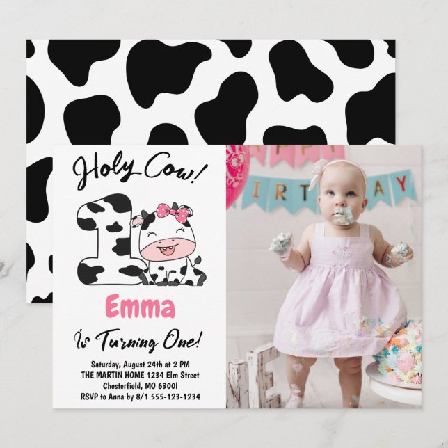 Holy Cow I'm One Girl 1st Birthday Photo Invitation (Front/Back)