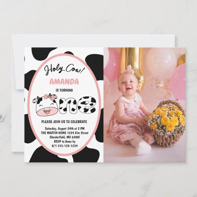 Holy Cow I'm One Girl 1st Birthday Photo Invitation (Front)