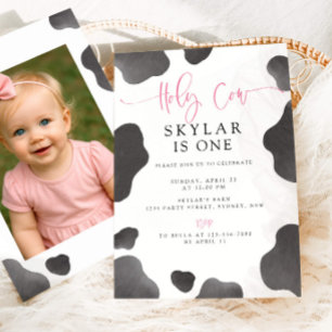Holy Cow I'm One Girl Pink 1st Birthday Party Invitation