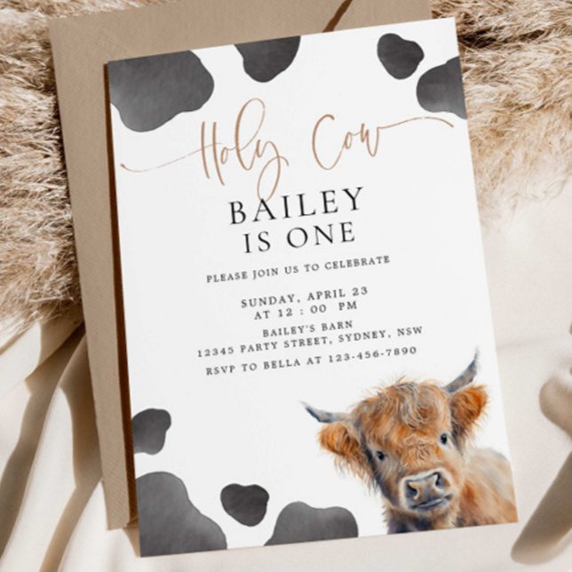 Holy Cow I'm ONE Highland Cow 1st Birthday Invitation (Creator Uploaded)