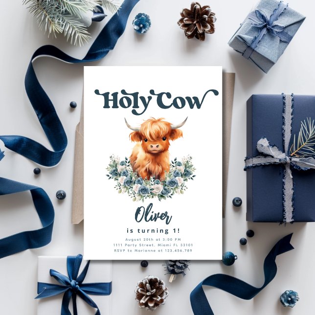 Holy Cow I'm One Highland Cow Boy 1st Birthday Invitation (Holy Cow Birthday Invitation for Boys)