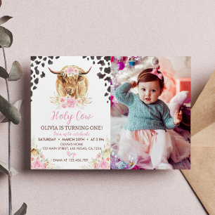 Holy Cow I'm One Highland Cow Girl 1st Birthday  Invitation