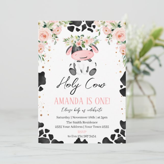 Holy Cow I'm One. Little Cow. Floral Birthday Invitation (Standing Front)