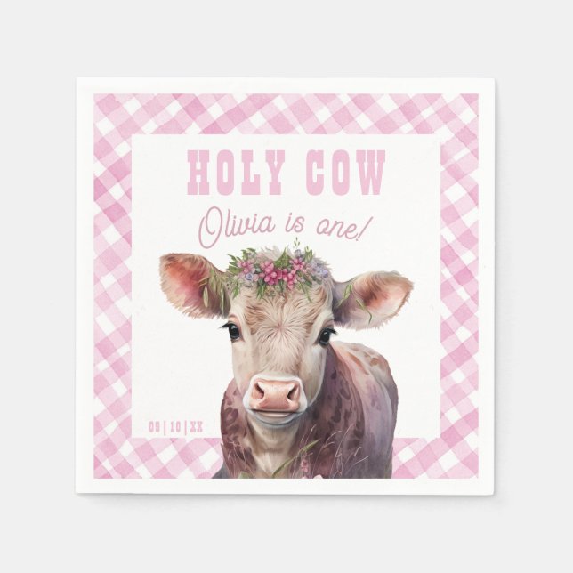 Holy Cow I'm One Pink Cow Birthday Napkins (Front)