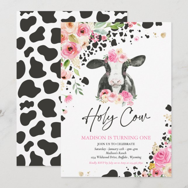 Holy Cow I'm One Pink Floral Farm Birthday Party Invitation (Front/Back)