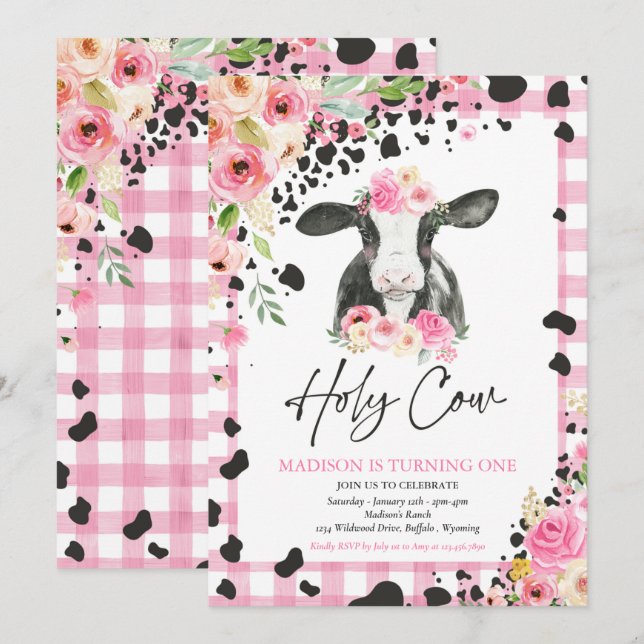 Holy Cow I'm One Pink Floral Farm Birthday Party Invitation (Front/Back)