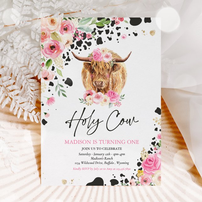 Holy Cow I'm One Pink Floral Farm Birthday Party Invitation (Creator Uploaded)