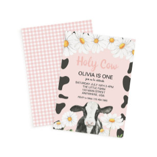 Holy Cow I'm One Pink Gingham Daisy Birthday Invit Invitation