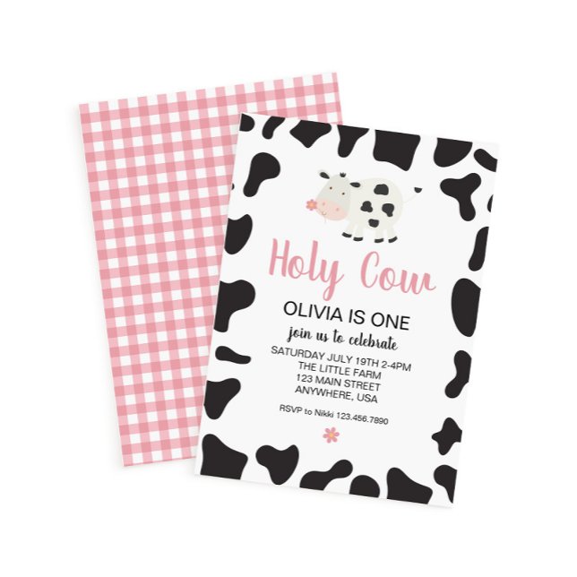 Holy Cow I'm One Pink Gingham Daisy Birthday Invitation (Creator Uploaded)
