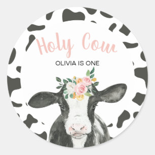 Holy Cow I'm One Pink Gingham floral Birthday Classic Round Sticker