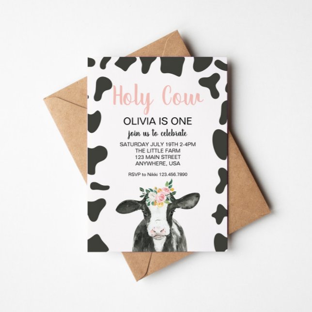 Holy Cow I'm One Pink Gingham floral Birthday Invitation (Creator Uploaded)