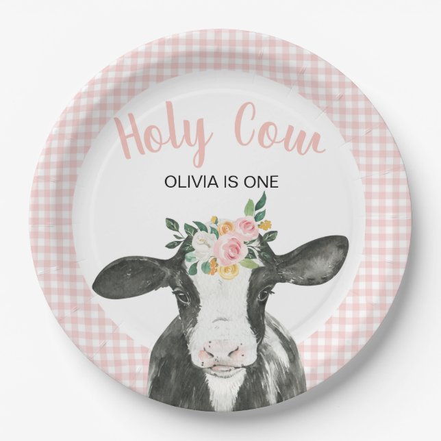 Holy Cow I'm One Pink Gingham floral Birthday Pape Paper Plate (Front)