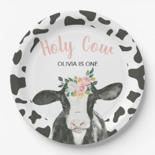 Holy Cow I'm One Pink Gingham floral Birthday Paper Plate