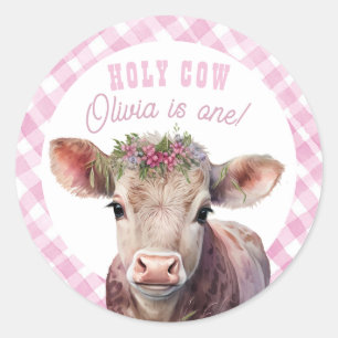 Holy Cow I'm One Pink Gingham Party Sticker