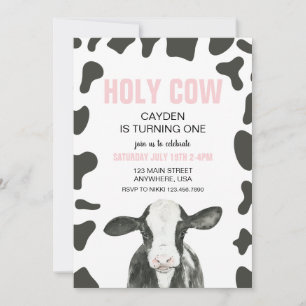 Holy Cow I'm One Pink Plaid Birthday Invitation