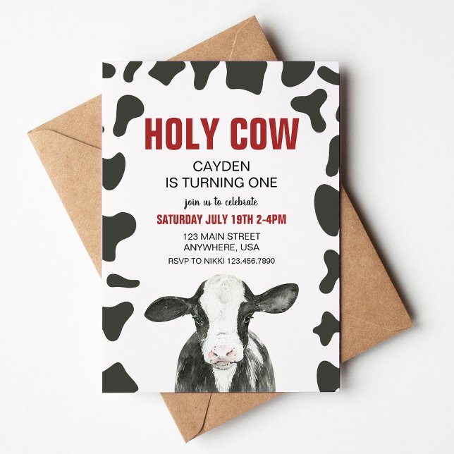 Holy Cow I'm One Red Plaid Birthday Invitation (Creator Uploaded)