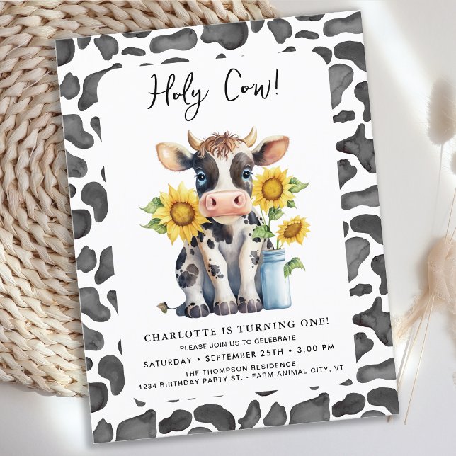 Holy Cow I'm One Sunflowers Farm 1st Birthday Invitation Postcard (Creator Uploaded)