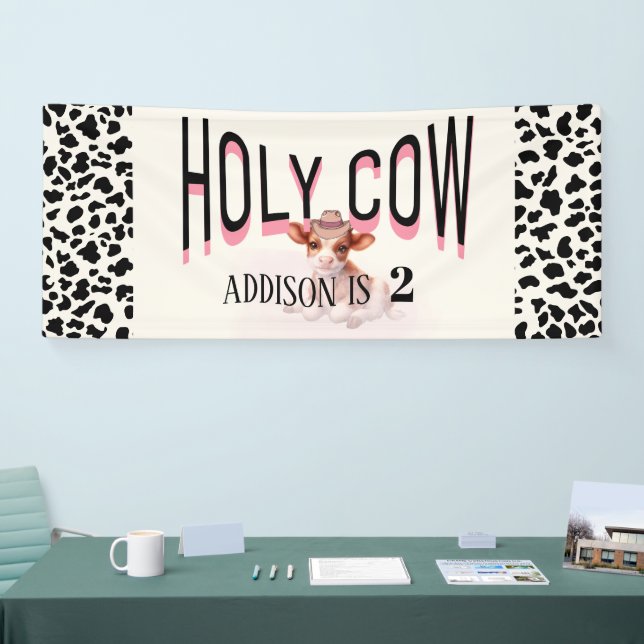 Holy Cow I'm Two Cow Print Birthday Banner (Tradeshow)