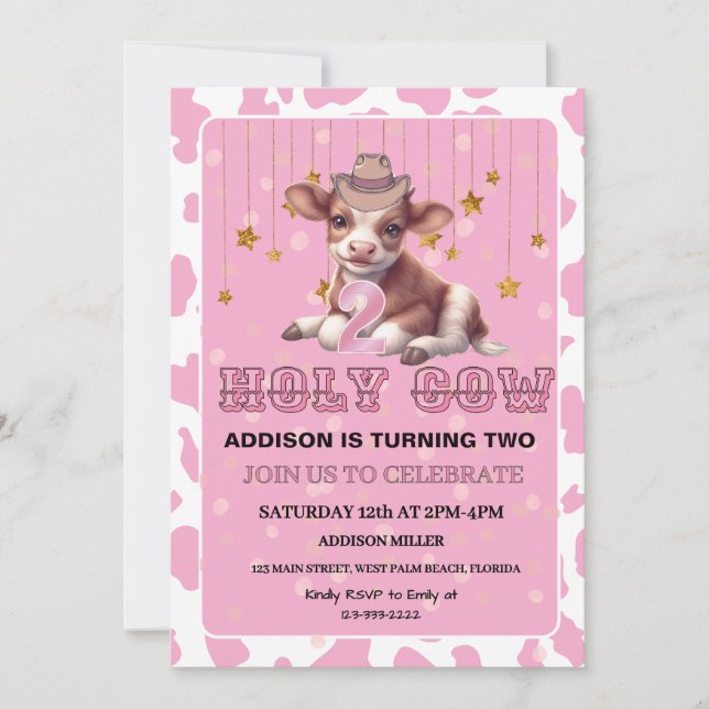 Holy Cow I'm Two Pink Coquette Birthday Party Invitation (Front)