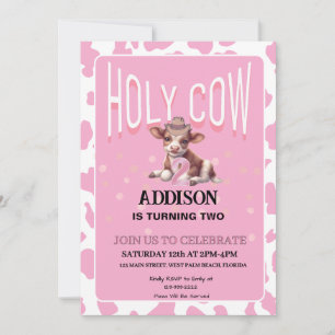 Holy Cow I'm Two Pink Coquette Birthday Party Invitation