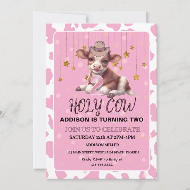 Holy Cow I'm Two Pink Coquette Birthday Party Invitation (Front)