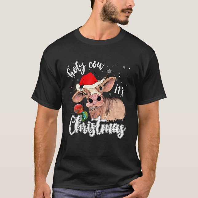 Holy Cow It's Christmas Santa Hat Bauble For Farme T-Shirt (Front)