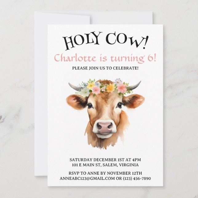 Holy Cow Jersey Cow Floral Girl's Birthday Invitation (Front)