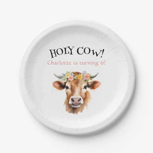 Holy Cow Jersey Cow Floral Girl's Birthday Paper Plate (Front)