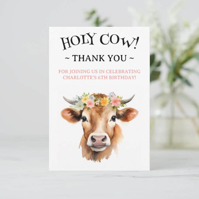 Holy Cow Jersey Cow Floral Girl's Birthday Thank You Card (Standing Front)