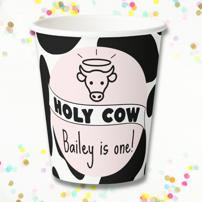 Holy Cow Kid Birthday Party Cow Print Cute Modern  Paper Cups (Holy Cow birthday party paper cups custom name and age cute modern cups pink cow print )