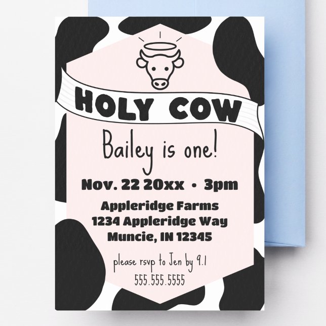Holy Cow Kid's Cow Print Cute Modern Birthday  Invitation (holy cow birthday invitation cute modern custom details pink cow print trendy bday invite)