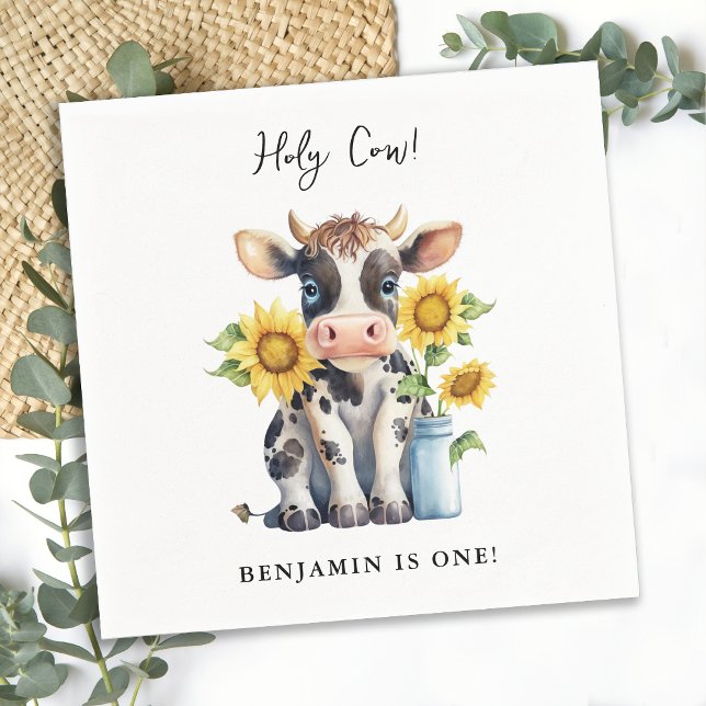 Holy Cow Modern Cute Farm Animal 1st Birthday Napkin (Creator Uploaded)