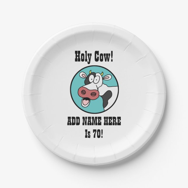 Holy Cow Personalised 70th Birthday Party Plates (Front)