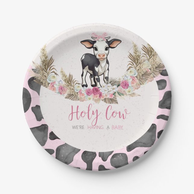 Holy Cow Pink cow print baby shower Paper Plate (Front)