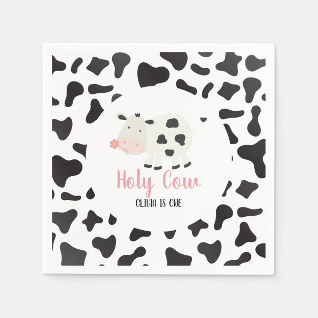 Holy Cow Pink Daisy Cow Print Birthday Napkin (Front)