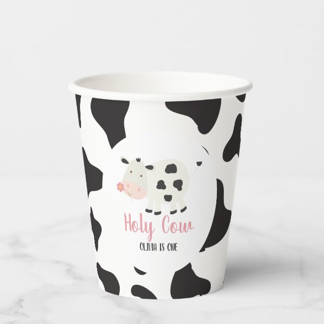 Holy Cow Pink Daisy Cow Print Birthday Paper Cups (Front)