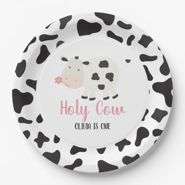 Holy Cow Pink Daisy Cow Print Birthday Paper Plate (Front)